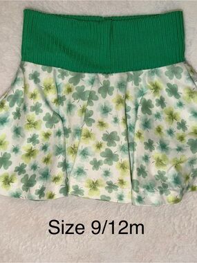 Handmade Green Clover Print Skirt with Wide Ribbed Waistband